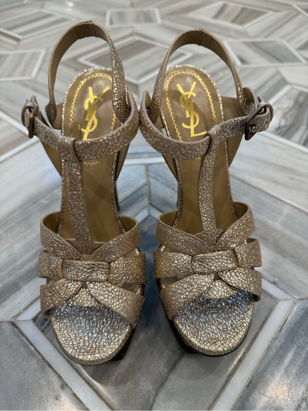 Textured gold Saint Laurent Tribute sandals